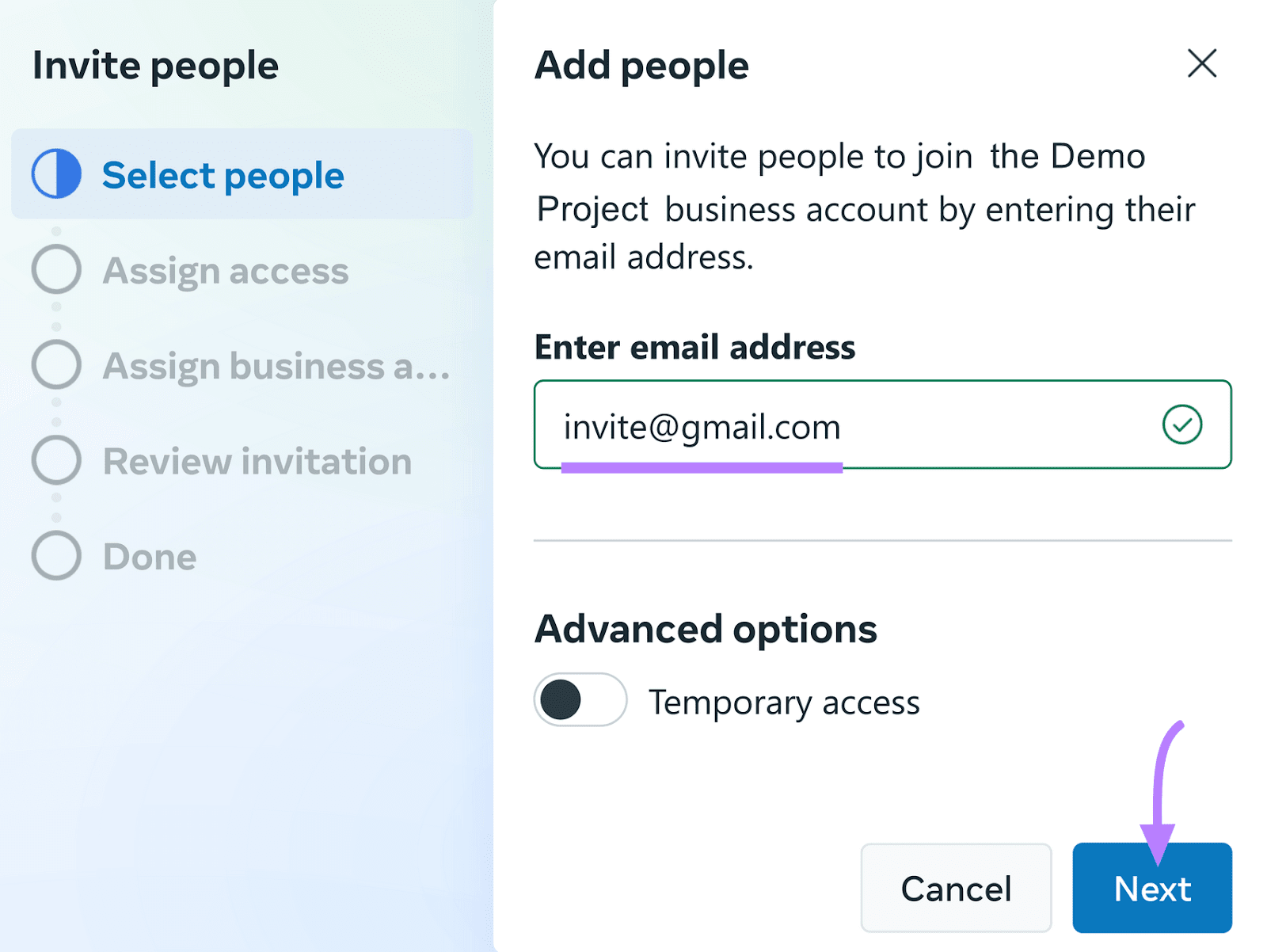 "invite@example.com" entered under the email field under "Add people" window