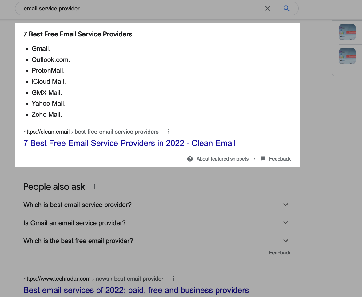 Email service provider Featured Snippet