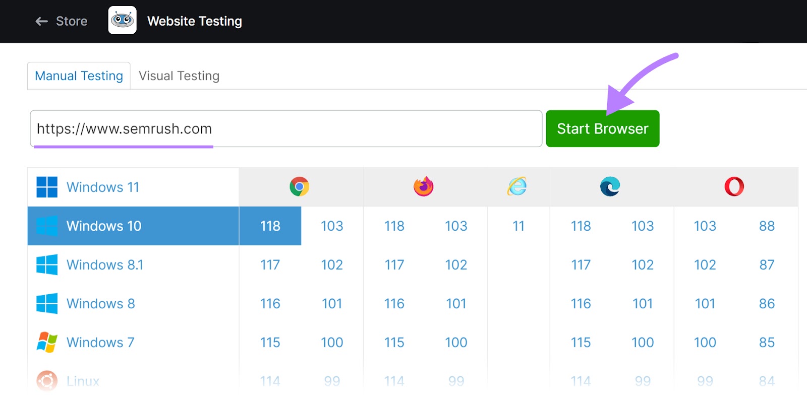 “Manual Testing” tab in Website Testing tool, with "semrush.com" domain and "Windows 10" selected