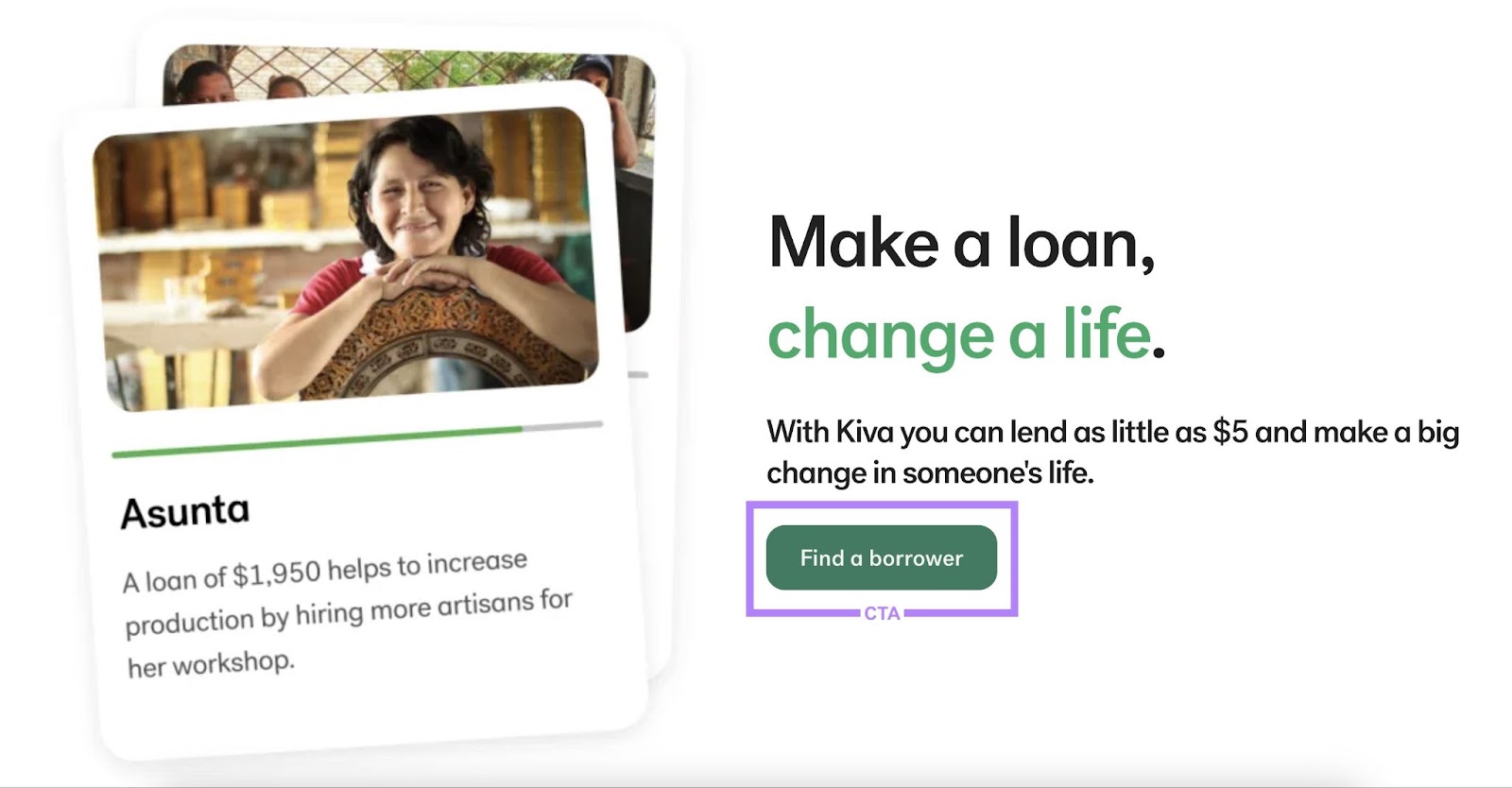 "Find a borrower” CTA on Kiva's website