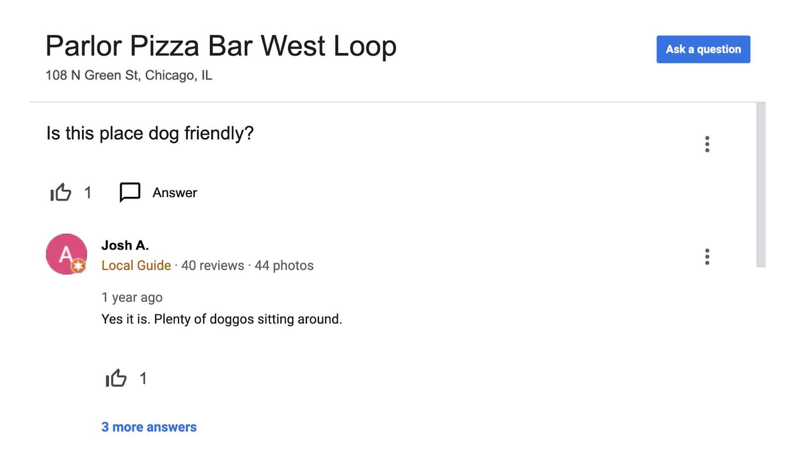 A imaginable visitant asks if nan conception business is canine friends successful nan Google Business Profile Q and A section.