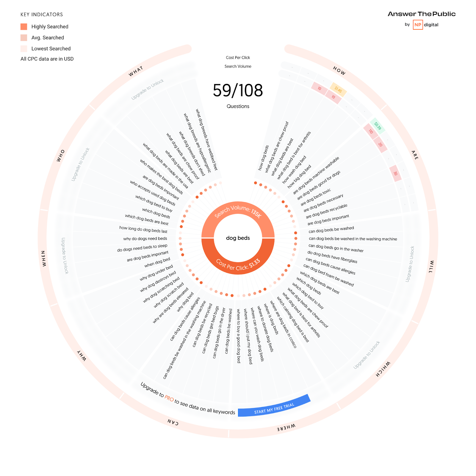 A wheel of questions for the " beds" search in AnswerThePublic