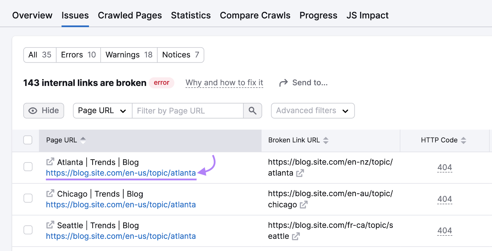 A database  of pages with breached  interior   links recovered  successful  Site Audit tool