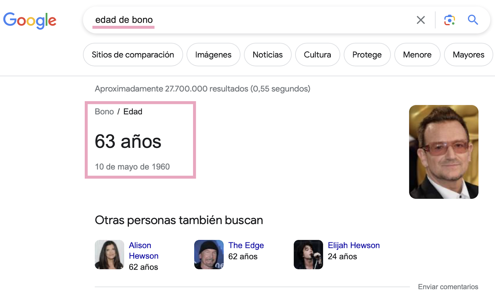 Ejemplo de una SERP para una pregunta directa