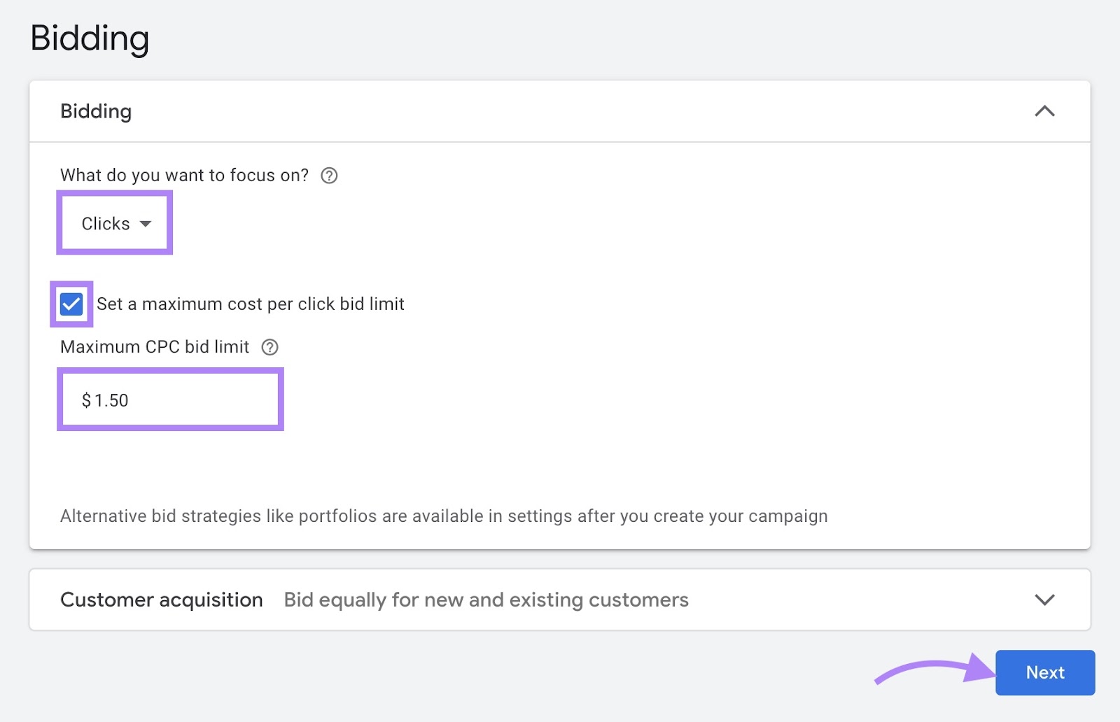 Bidding settings page on Google Ads with "Clicks" selected, a maximum CPC bid limit set, and "Next" clicked.