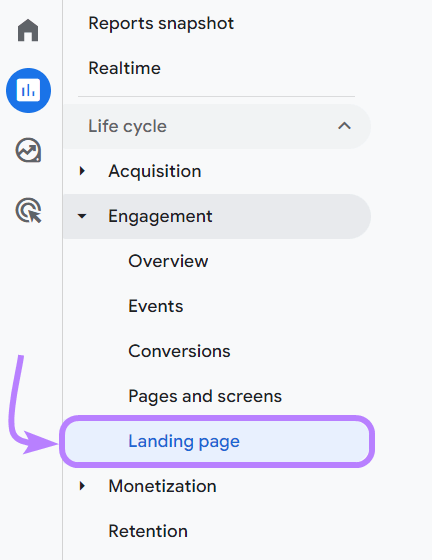 “Landing page” selected under the “Engagement” section