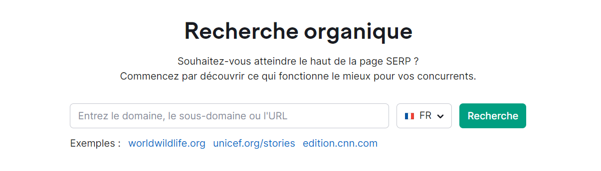 Page d'accueil de Recherche organique de Semrush