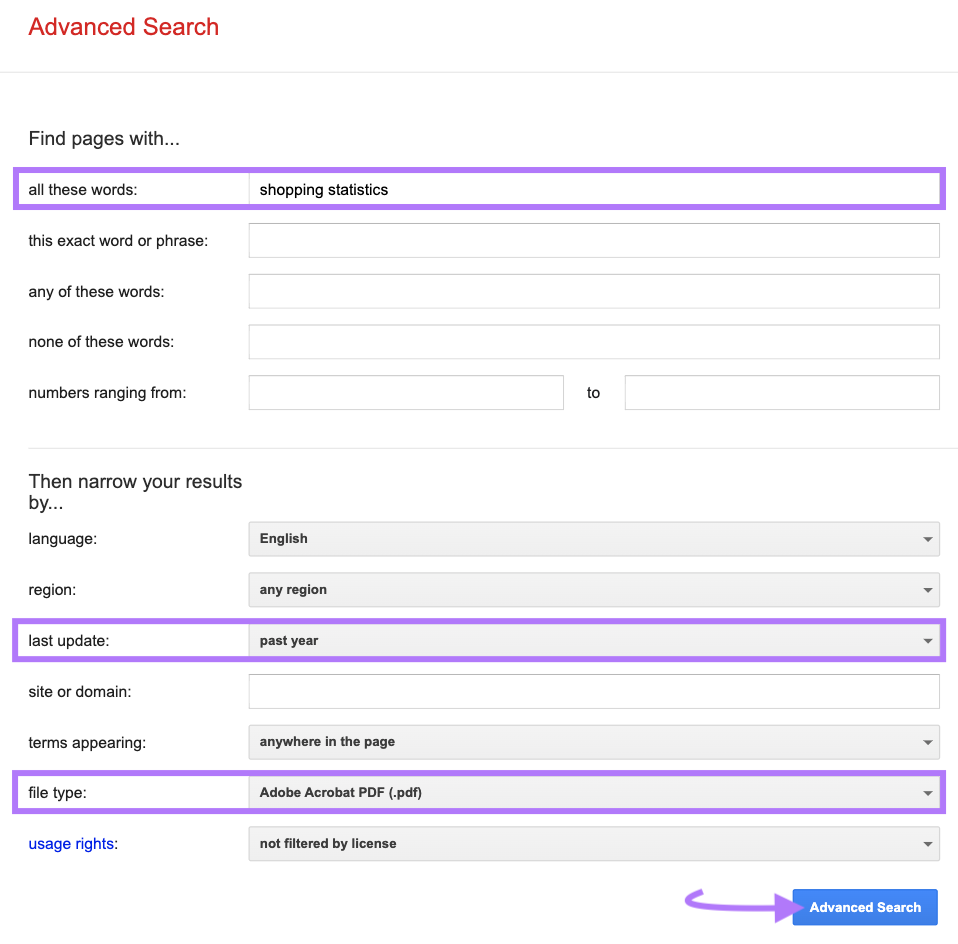 "shopping statistics," "past year," and "Adobe Acrobat PDF (.pdf)" entered under respective boxes in Advanced Search page