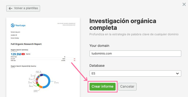 Crea un informe de investigación orgánica con Semrush.