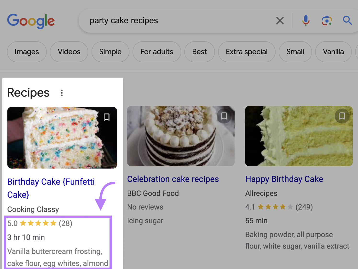 Google SERP for "party cake recipes"