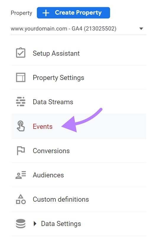 "Events" button highlighted in the property settings