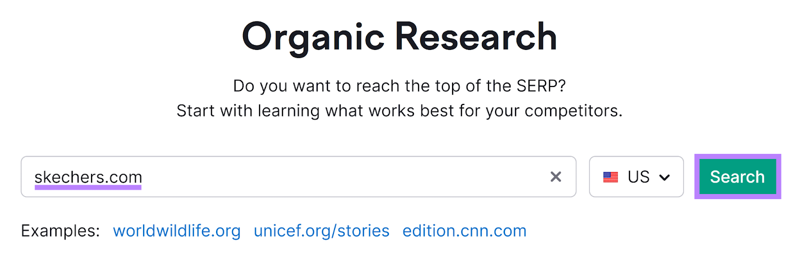 Semrush Organic Research tool start with domain entered and Search button highlighted