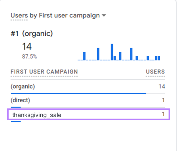 "thanksgiving_sale" row showing "1" under "users" column highlighted