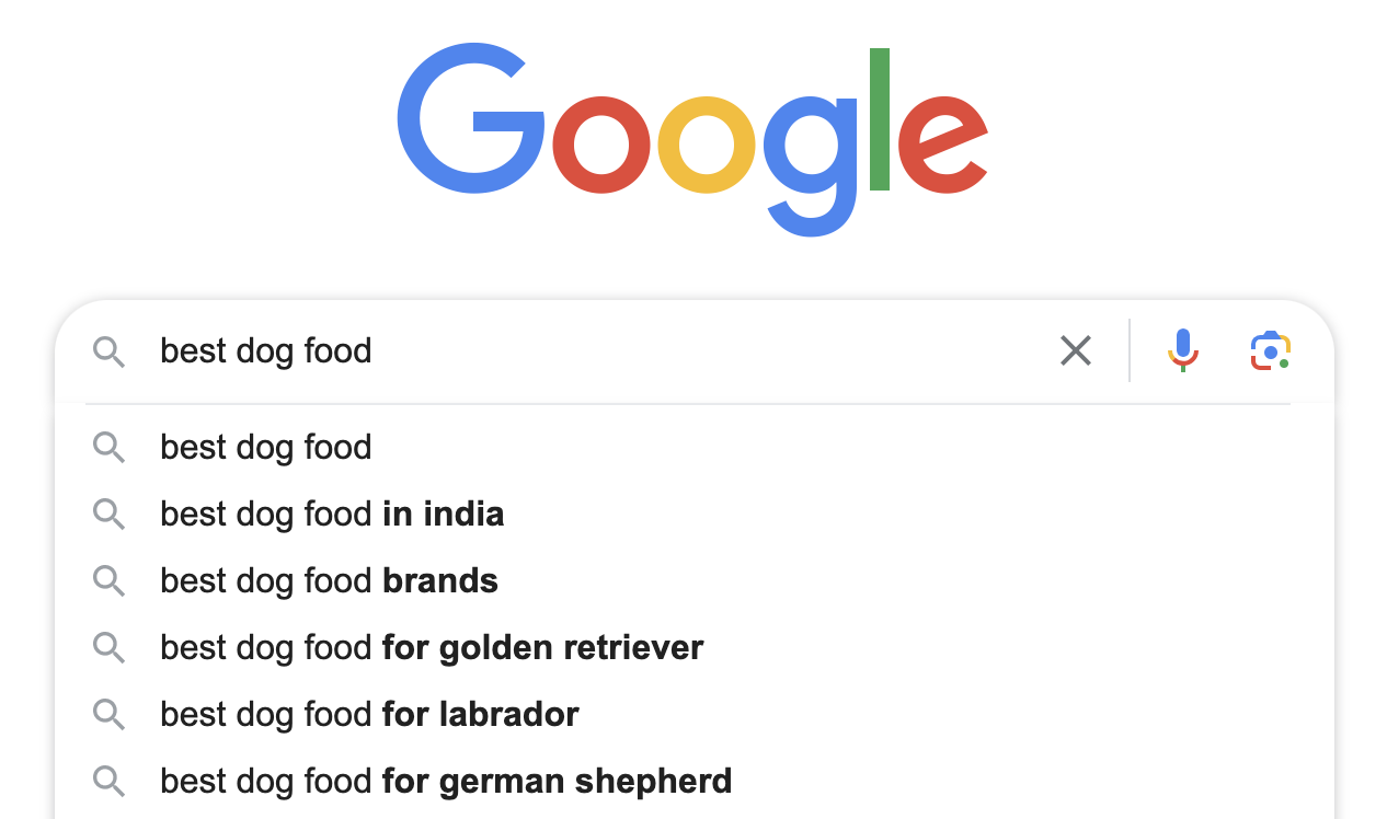 Google suggestions when typing "best  food” in the search bar