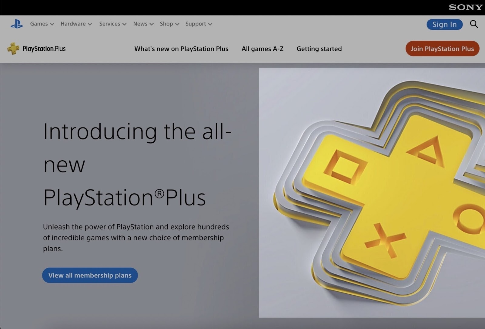 PlayStation's landing page with a big yellow d-pad