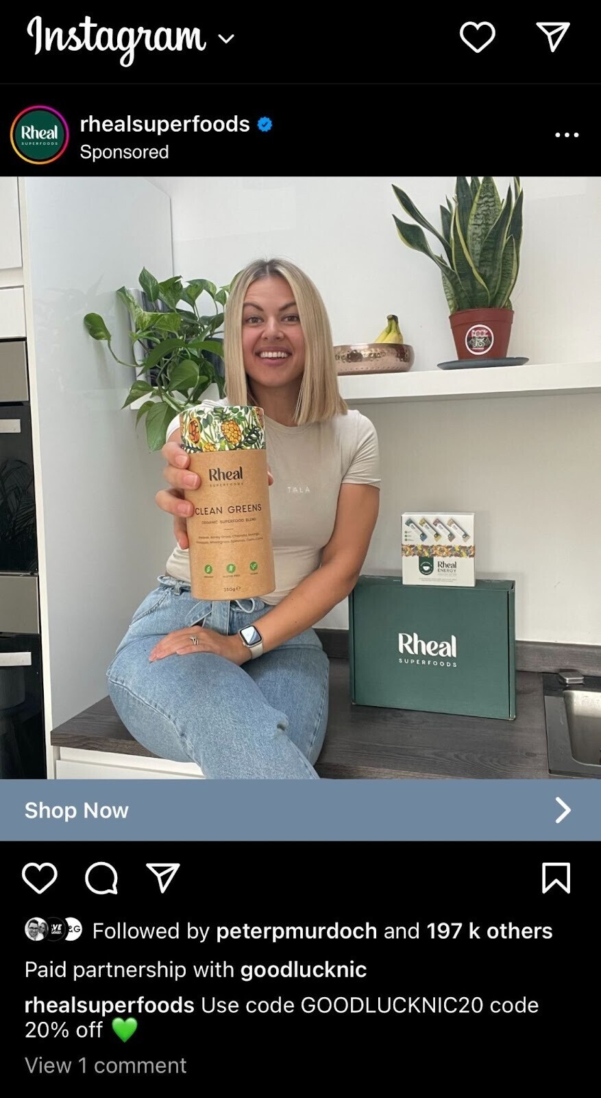 Rheal Superfoods’s sponsored Instagram post with Nicole Robinson