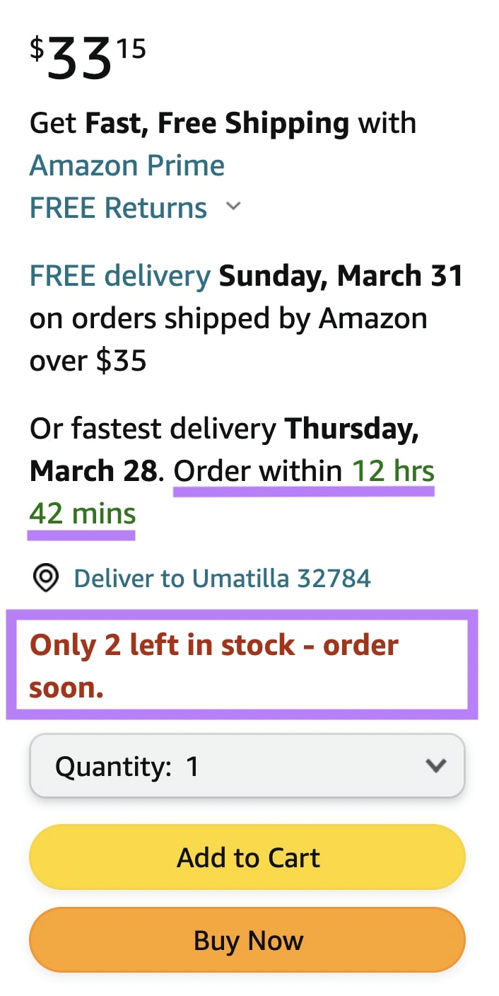 "Only two left in stock. Order soon" message on Amazon's product page