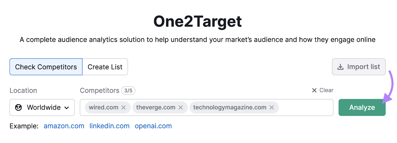 domains like wired, the verge, and technology magazine entered into one2target tool