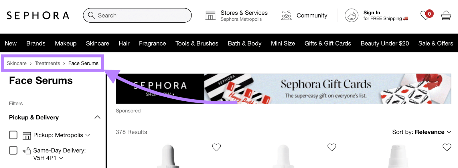 breadcrumbs connected  Sephora's website