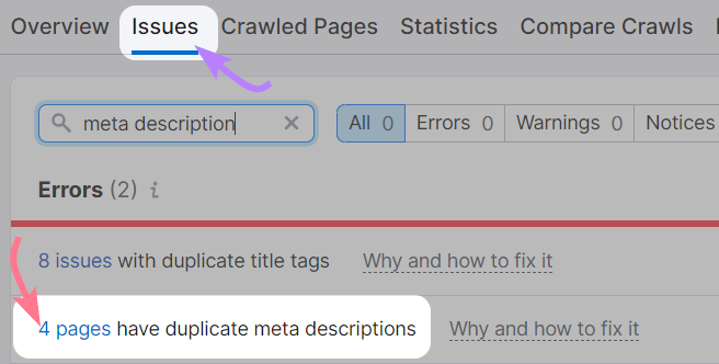 "4 pages have duplicate meta description" line highlighted under Site Audit's “Issues” tab