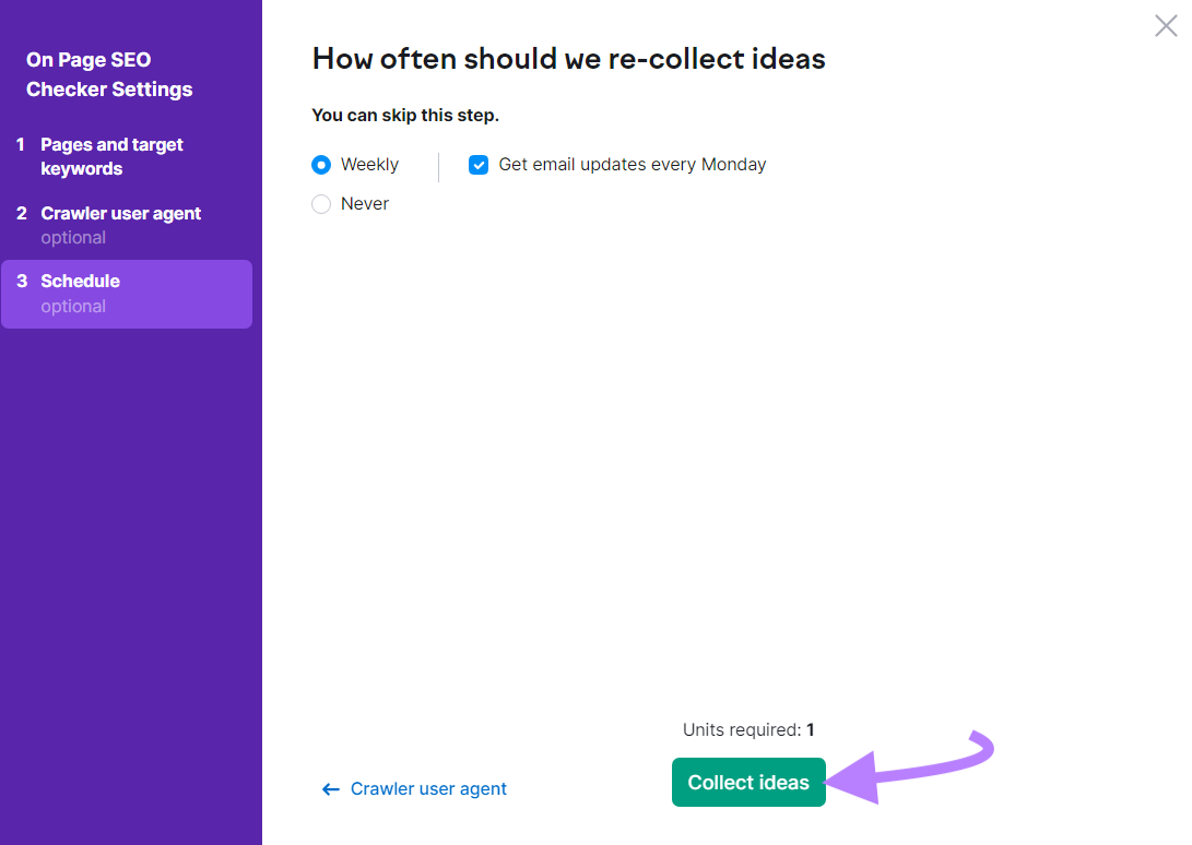 Options de vérification SEO sur la page pour collecter des idées avec des mises à jour hebdomadaires et par e-mail sélectionnées