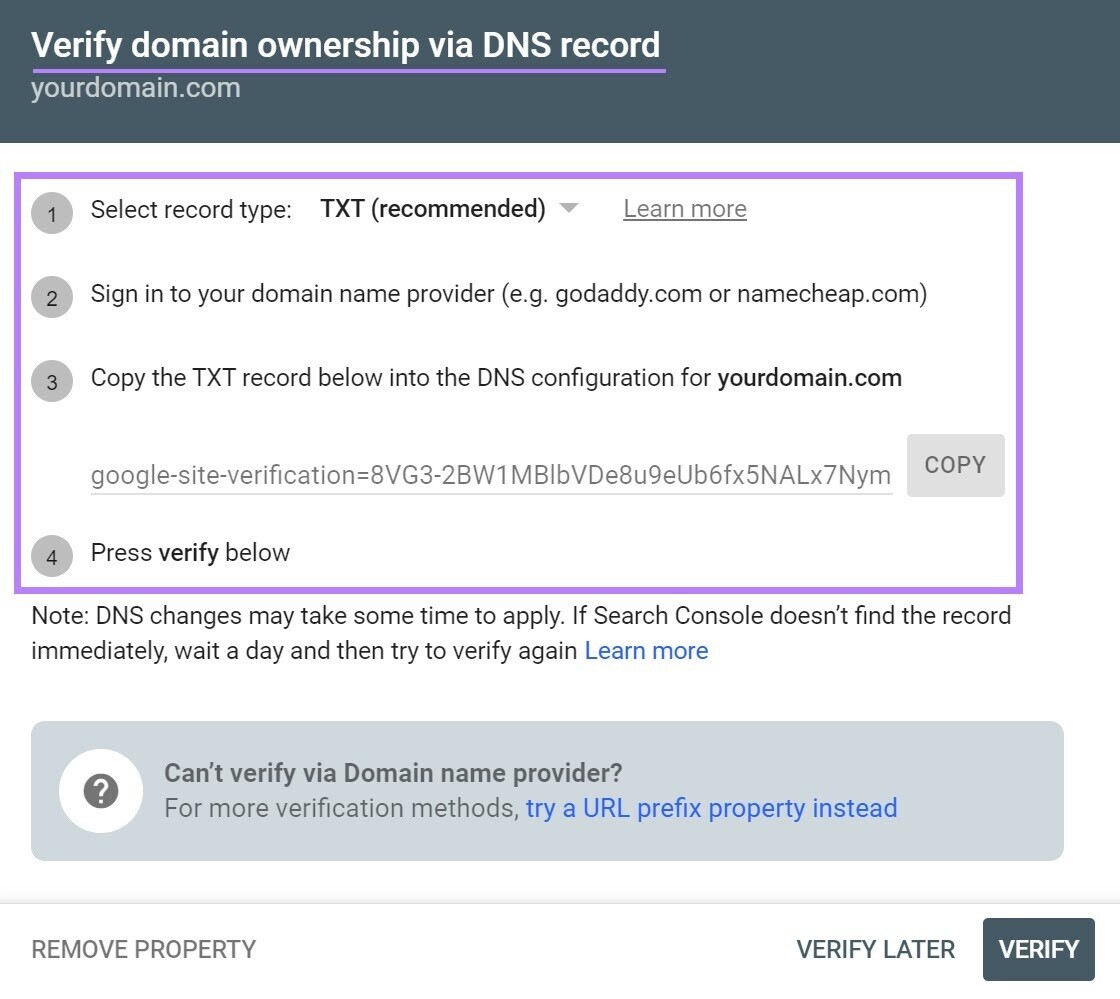 Écran « Vérifier la propriété du domaine via l'enregistrement DNS »