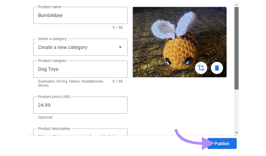 Fields filled for a "Bumblebee" dog toy and "Publish" button highlighted at the bottom of the screen