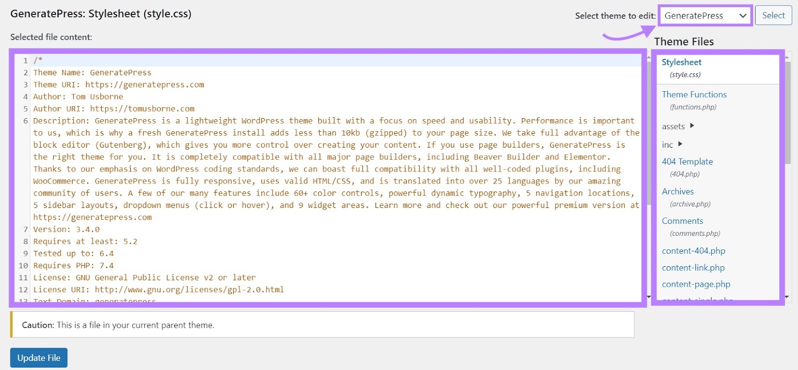 WordPress theme file editor screen for the GeneratePress theme