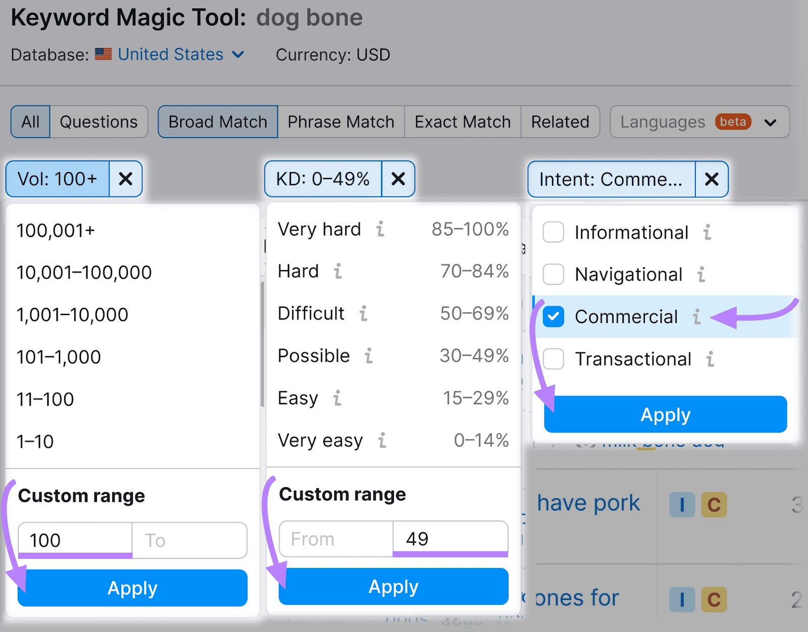 "Volume," "KD%" and "intent" filter drop-down menus in Keyword Magic Tool