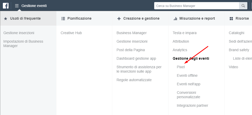 Configurazione Pixel di Facebook Business Manager