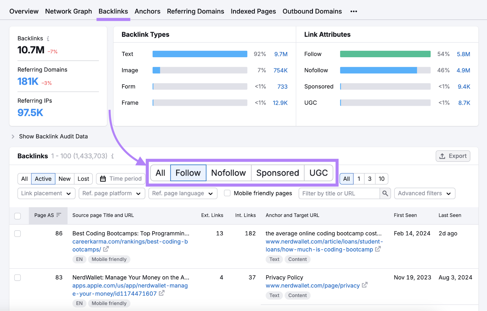 Backlink filters highlighted with follow link option selected