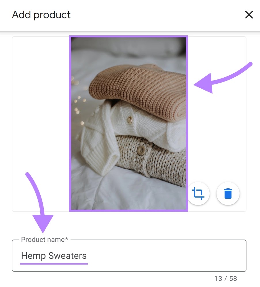 "Hemp Sweaters" and an sweater image added under Google product