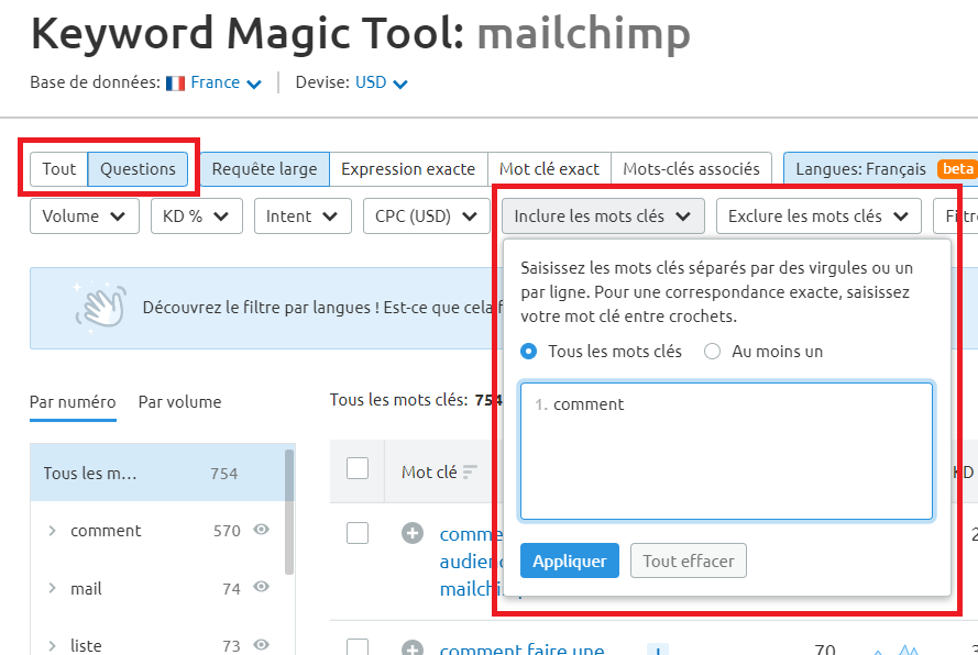 Semrush Keyword Magic Tool inclure mot clé