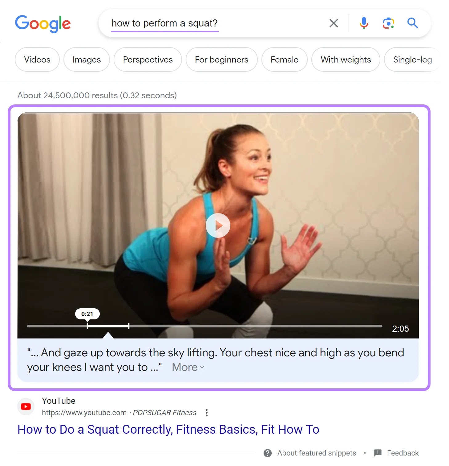 A video featured snippet connected  Google's SERP for "how to execute  a squat?" query
