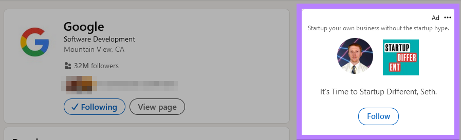A LinkedIn Dynamic Ad by Startup Different targeted to a user called Seth