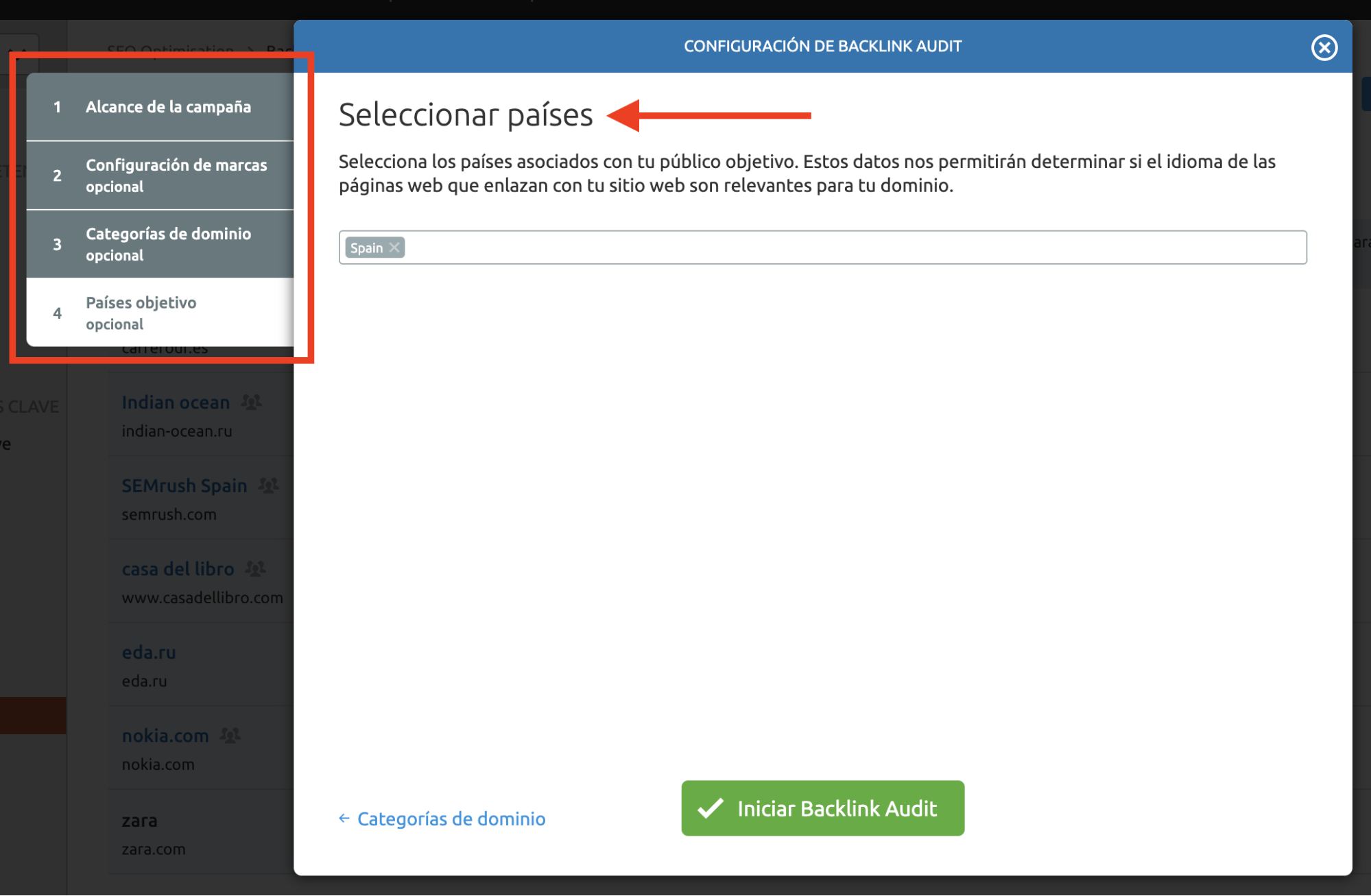 Analizar backlinks y enlaces SEO - Seleccionar países