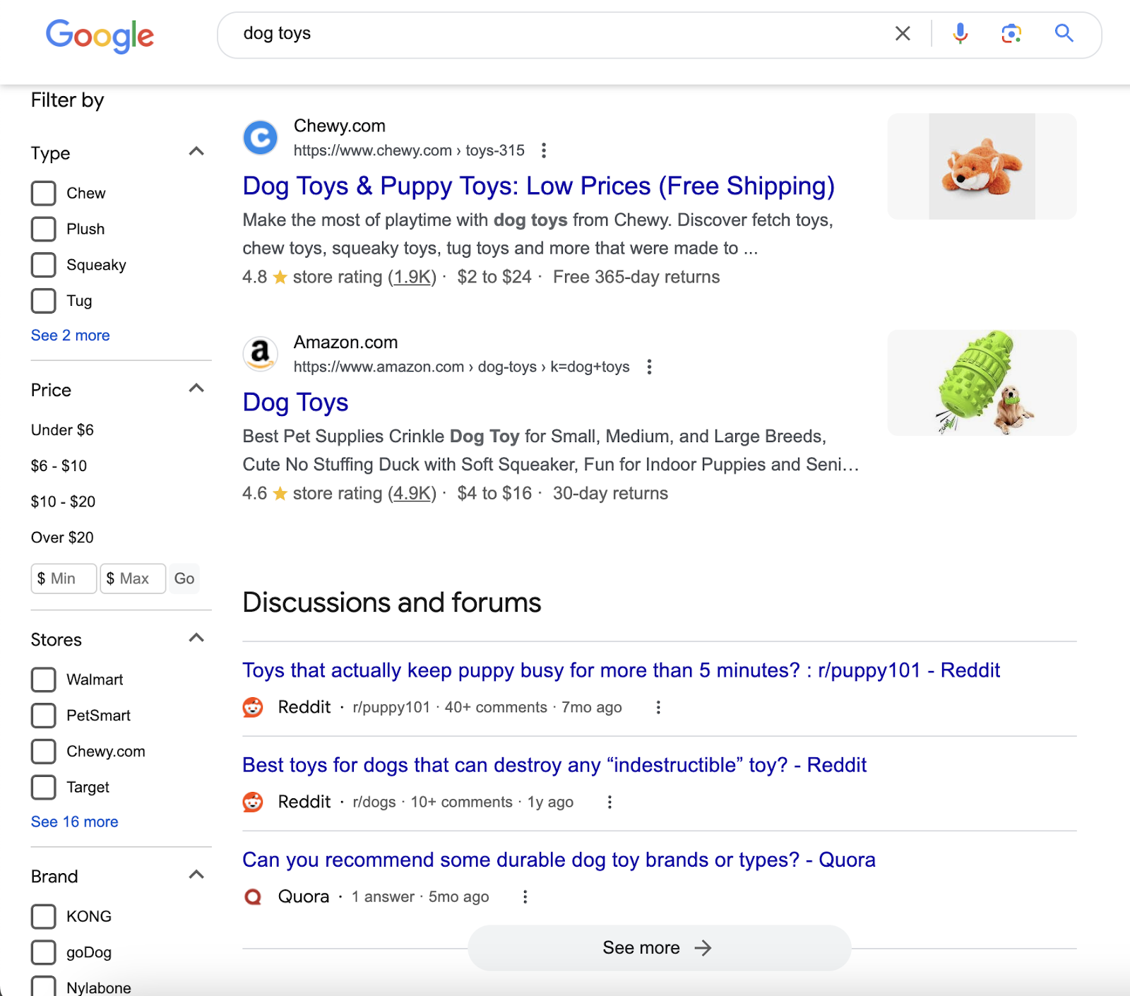 Google search results for “dog toys.”
