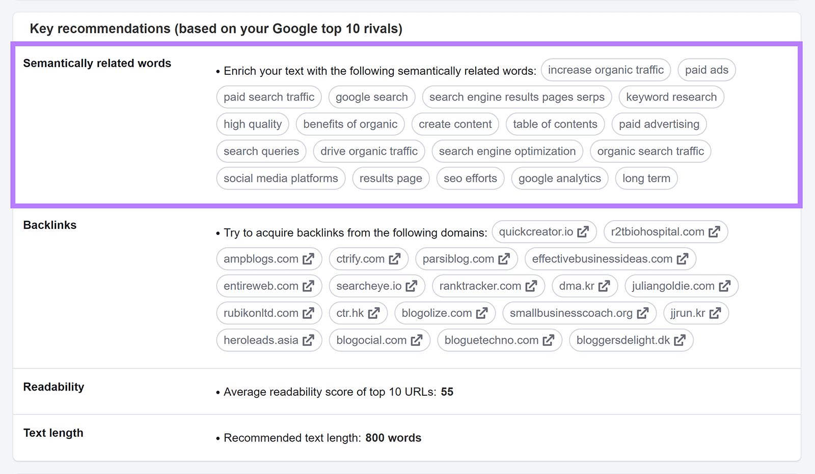 Key recommendations section with Semantically related words row highlighted