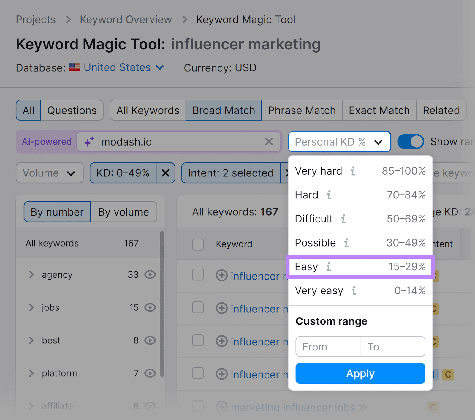 Personal KD% filter clicked and 'Easy' preset option highlighted