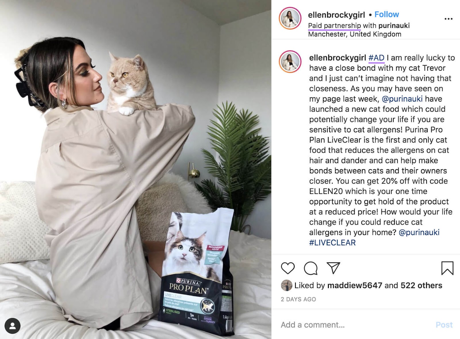 A paid station  by an influencer @ellenbrockygirl connected  Instagram, promoting Purina's feline  food