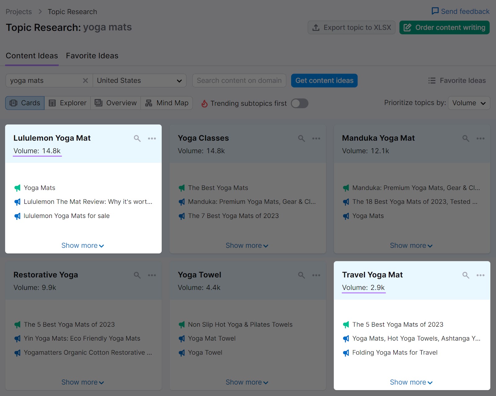 "Content Ideas" for "yoga mats" in Topic Research tool