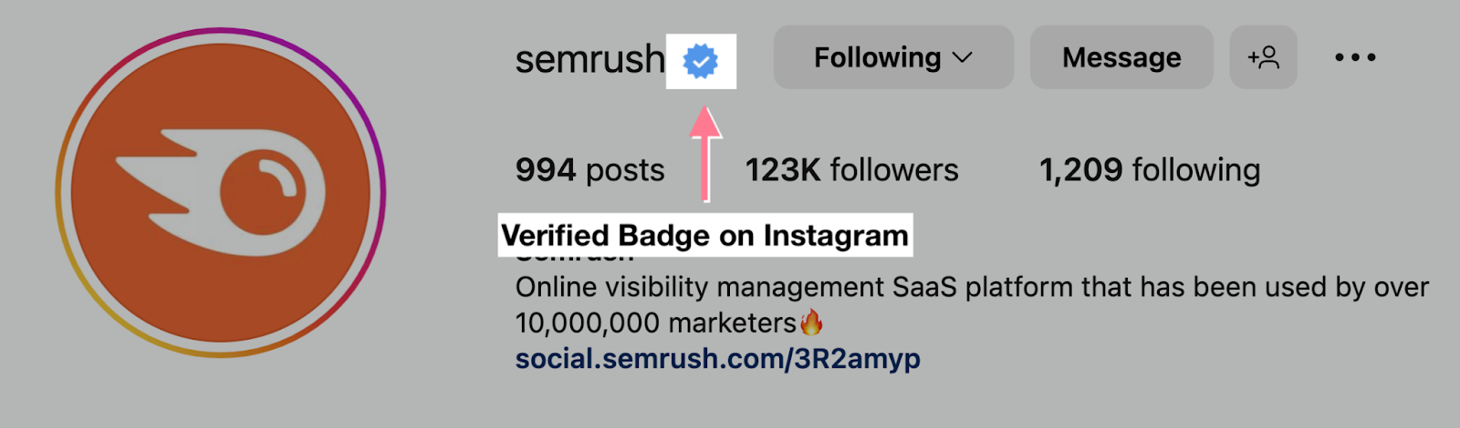 Insignia verificada de Semrush en instagram