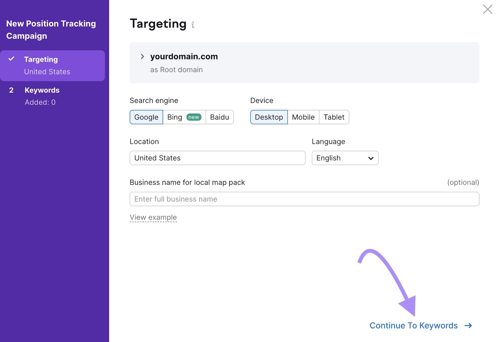 "Targeting" window in Position Tracking tool settings