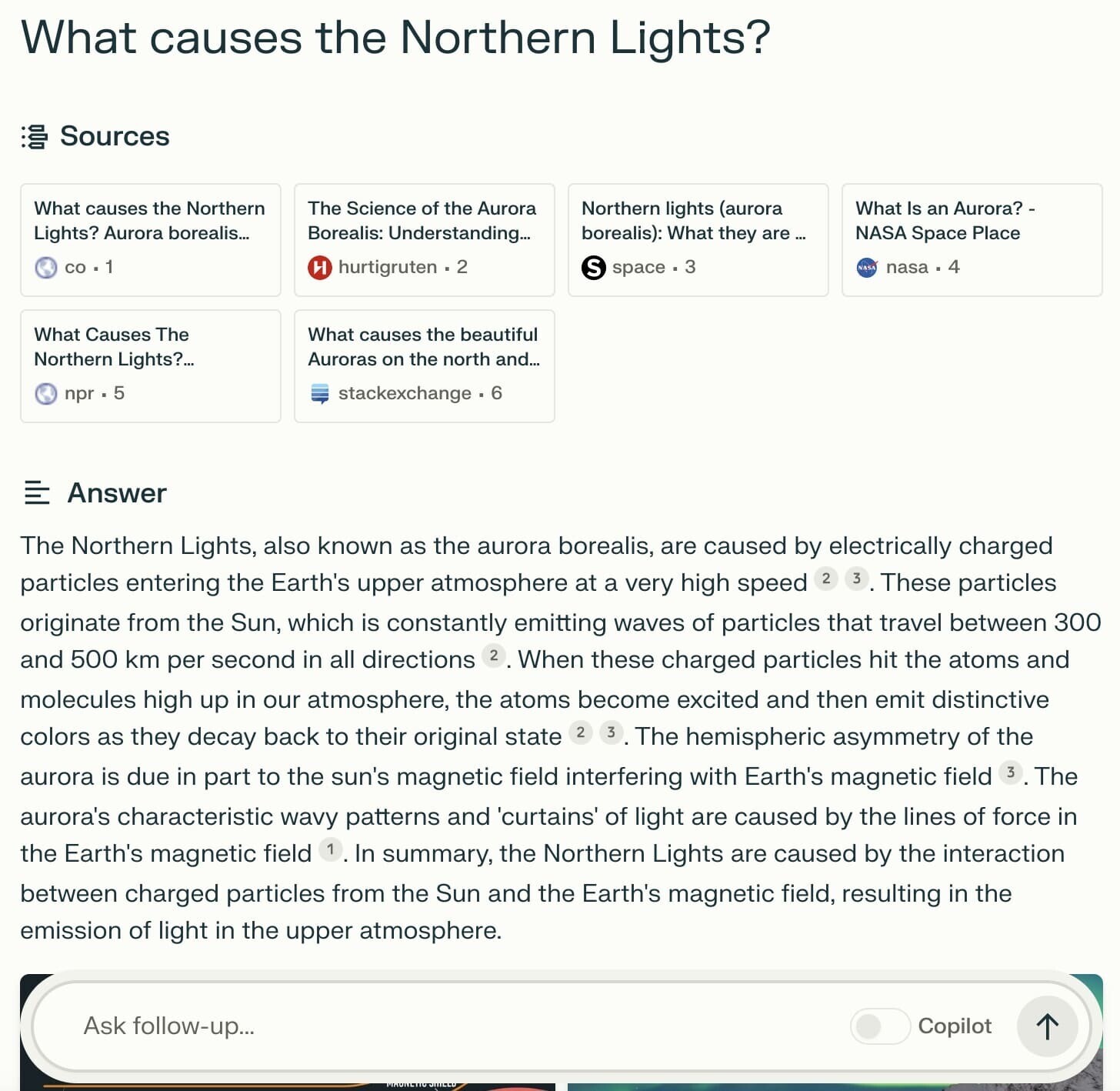Perplexity.ai's response to "What causes the Northern Lights?" query