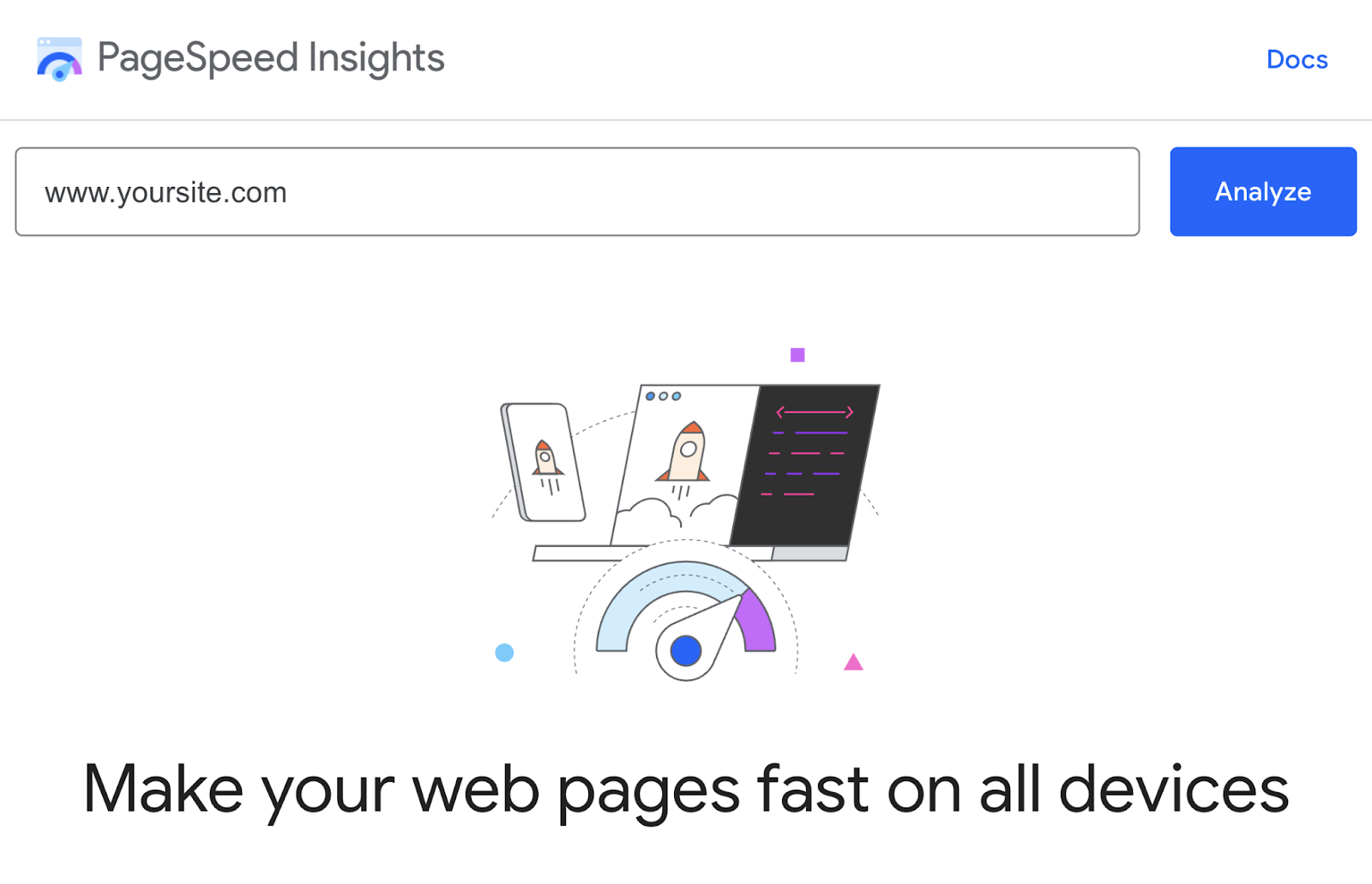 Google PageSpeed Insights home with a domain entered and the "Analyze" button clicked.