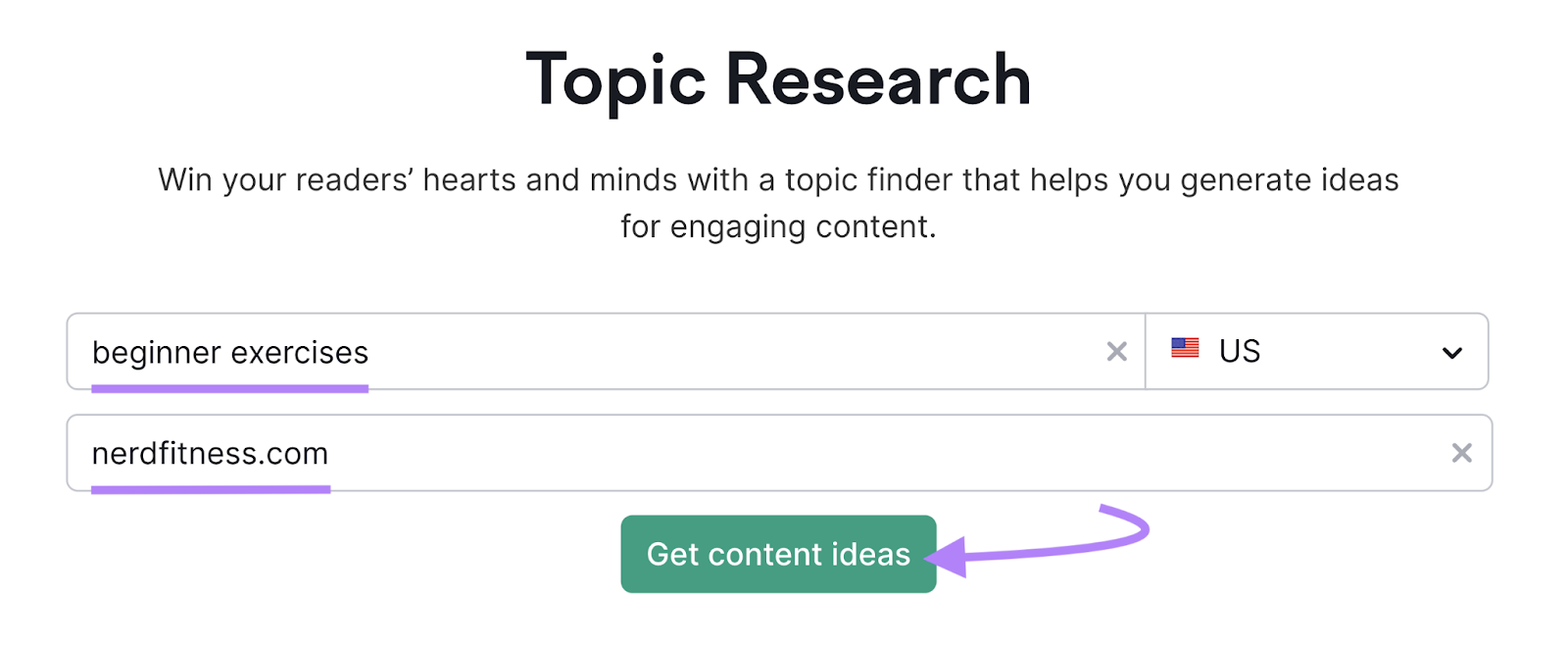 "Beginner exercises" with competitor domain entered into Semrush's Topic Research tool