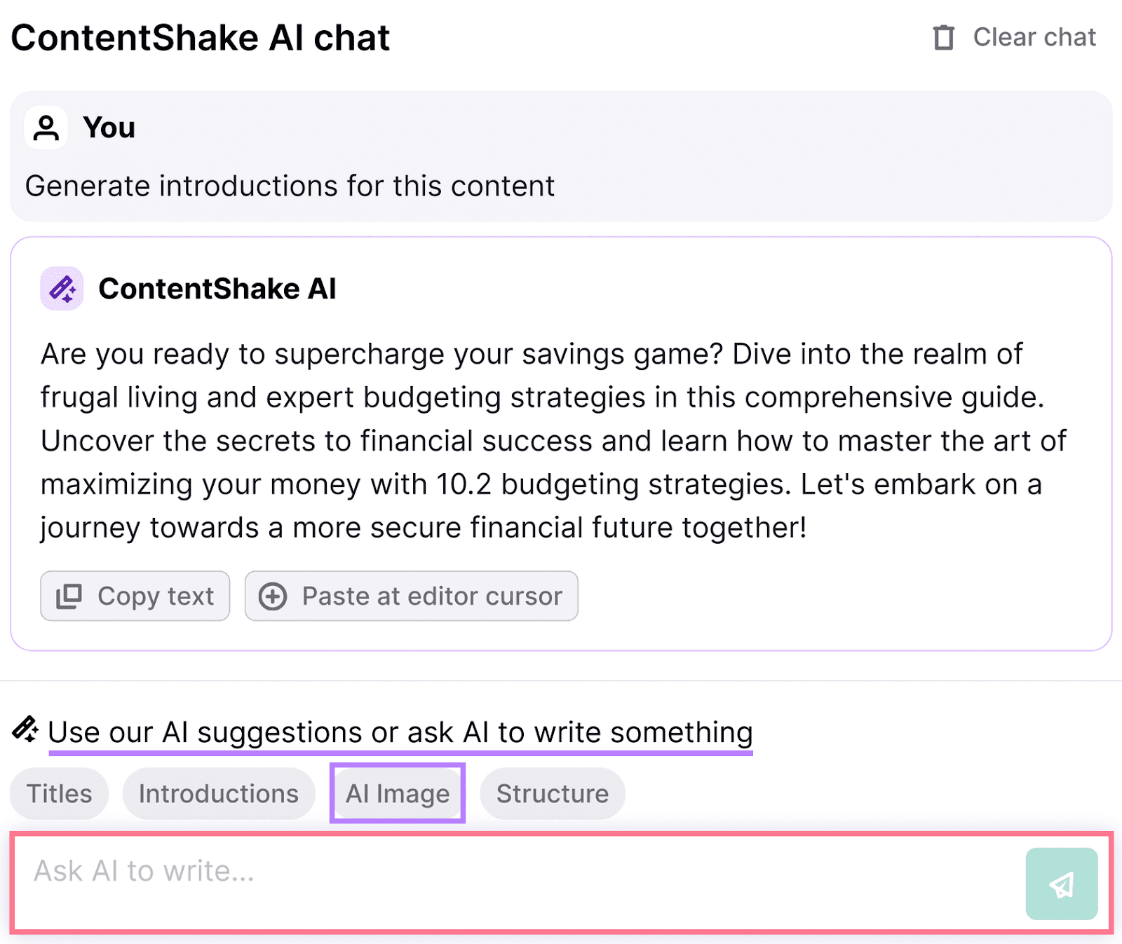 ContentShake AI chat interface with AI suggestion options and "AI Image" highlighted