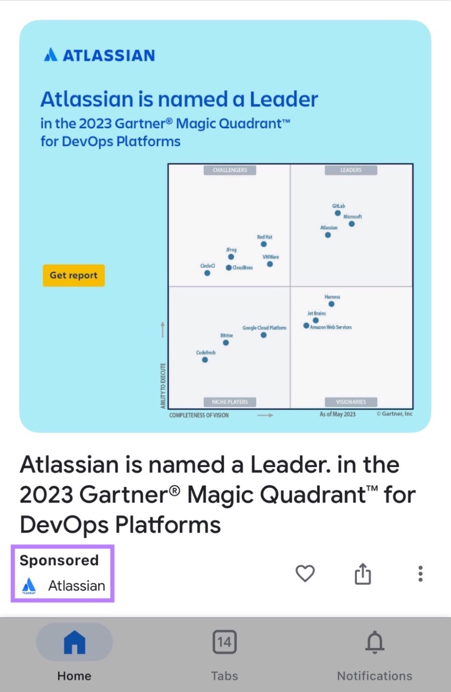 Atlassian's promotion of industry recognition on the Google Discover feed