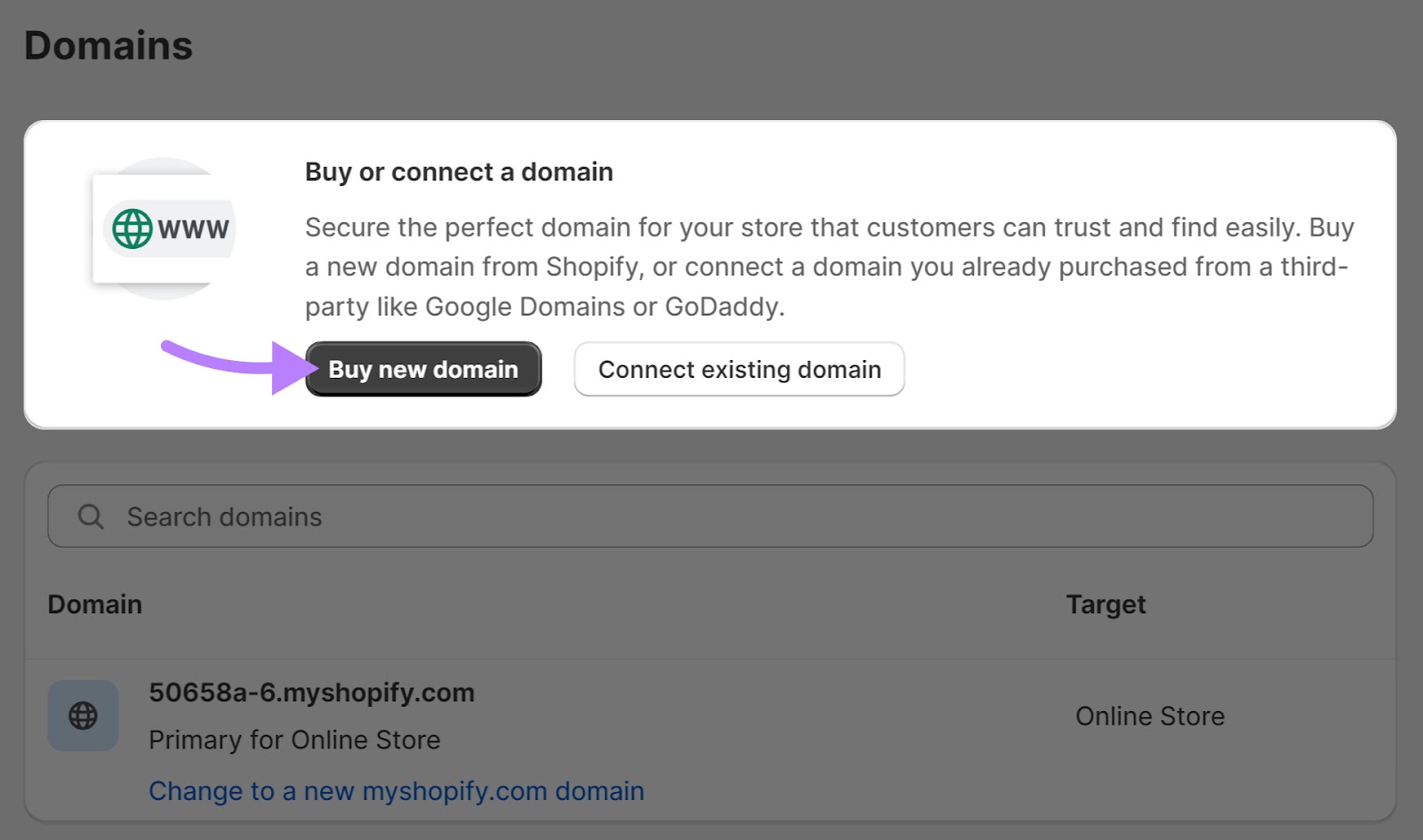“Buy new domain” button under "Domains" section in Shopify admin