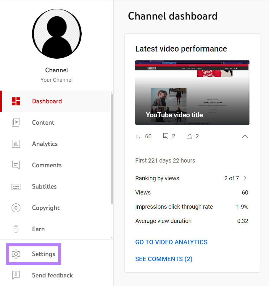 "Settings" button in the YouTube Studio account